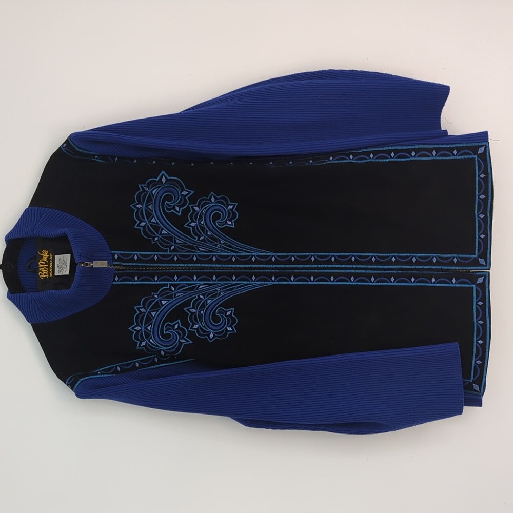 Vintage Bob Mackie Leather Jacket With Blue Sweater Sleeves And Embroidery